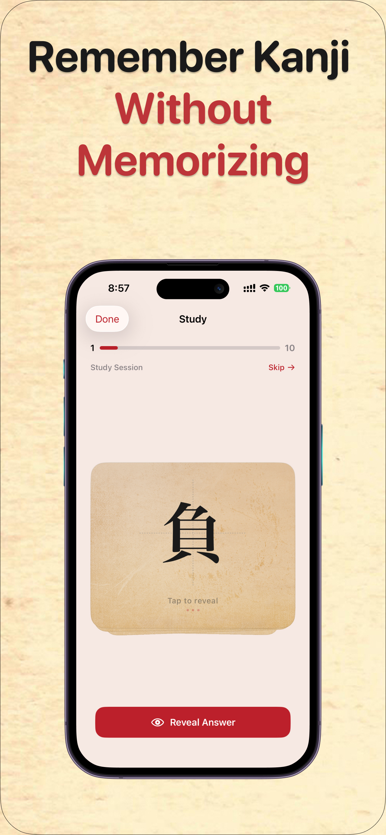 Learn Kanji app showing a kanji flashcard with mnemonic